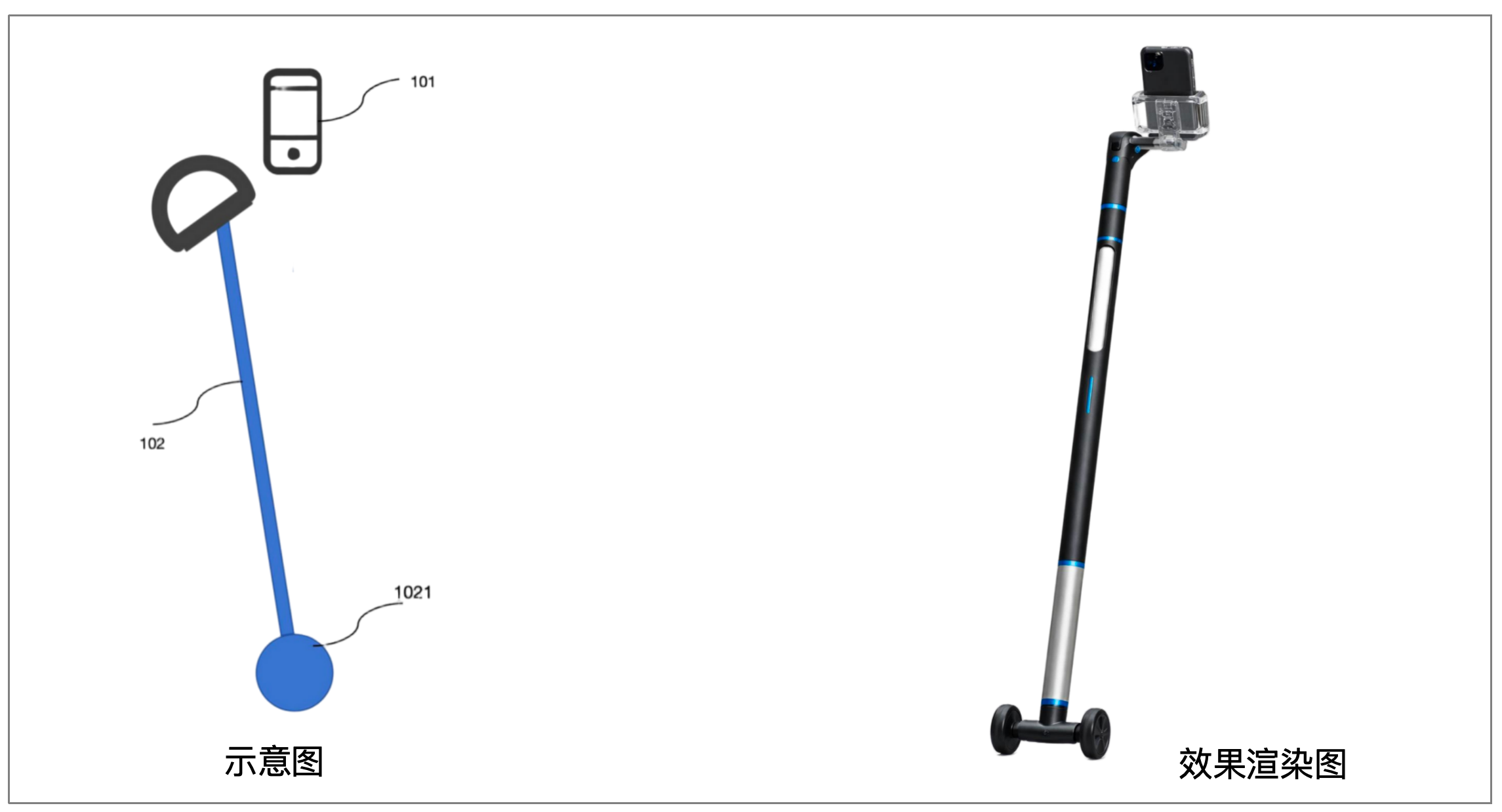 导盲机器人产品概念图，展示一个小型移动机器人设备，带有传感器和摄像头，白色塑料外壳，圆形底盘，前方有LED指示灯，背景为室内环境